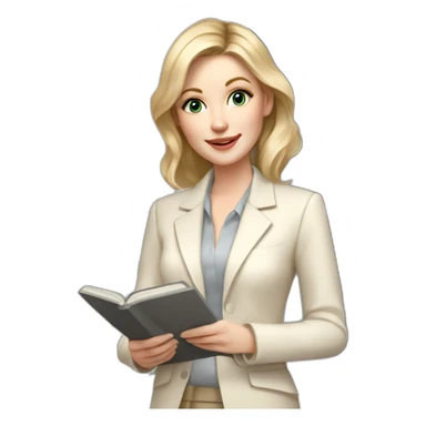 pale skin woman interior designer with cold blonde middle length hair, gray eyes, White classical jacket, beige blouse, Gray skirt holding a color palette in the hands sticker