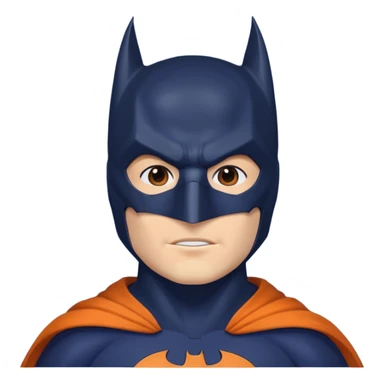 generate a batman emoji with just the face and neck showing and part of the cloak and and wings. Shade the mask in dark navy blue.  Shade the cloak in a solid vibrant orange. Shade the bat logo in a bright  olive green. sticker