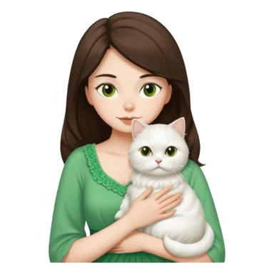 Brunette woman snuggling white Persian cat, wearing a green dress sticker