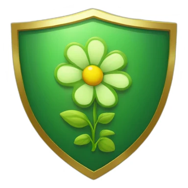 green shield with a gold border and a sprouting flower at the centre sticker