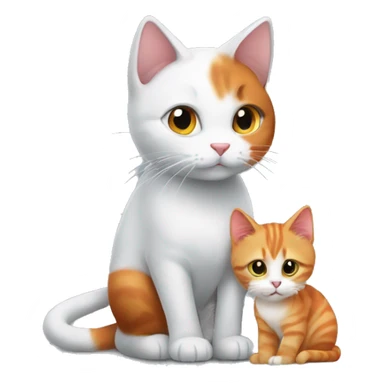 A small gray-white kitty playing with a big red cat sticker