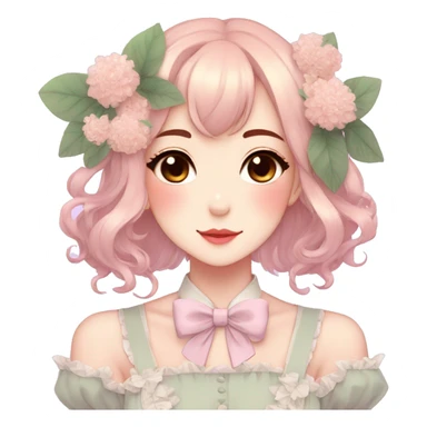 Gorgeous pastel anime style lady with blushing face and flowers and laces and bow ties and pretty hair aesthetic trending style sticker