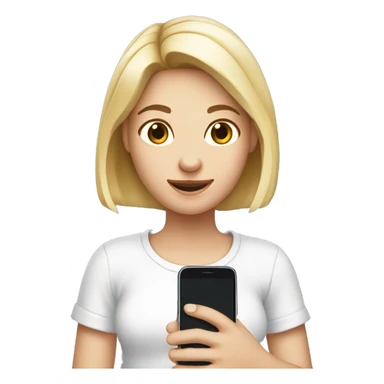 a girl with fair skin is holding a mobile phone in her hands, wearing a white T-shirt sticker