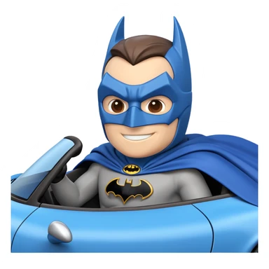 Create a 3D emoji-style image of Batman sitting in a blue Porsche. Batman should be slightly larger than the Porsche, wearing his iconic mask and cape, and smiling. no background sticker