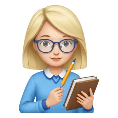 cute girl, glass, smart, Sky-blue colored clothing,
holding a book in one arm and a pen in the other hand.Holding a pen in the right hand as if teaching.Wearing glasses, with a smart and bright-looking face. sticker