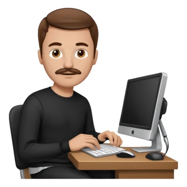  man with mustache, brown hair, 33years old, shirt, high temple Black pullover with a white shirt underneath and black fabric trousers work with couputer sticker