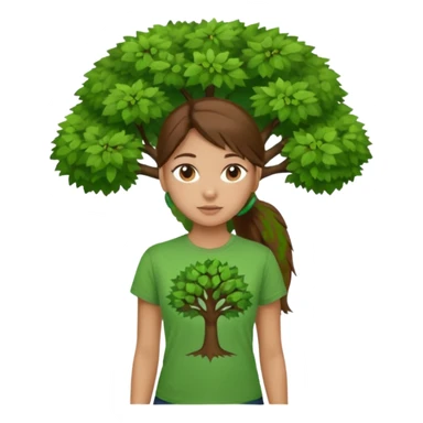 Make a zumba coach emoji, brown eyes, brown hair girl, long ponytail,green t shirt with a tree logo on It sticker