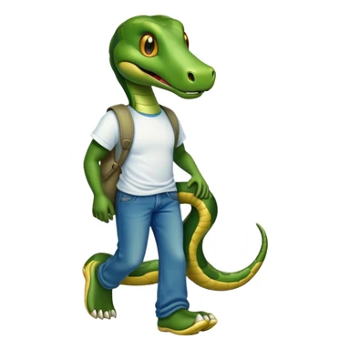 friendly anthropomorphised snake in jeans and a t-shirt, walking with a smile sticker