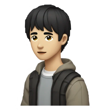 draw a Japanese male teenager, thin, short cable and black, in pixel art, his body profile, and the head a little tilted and looking at who observes the image, the arms should be at the height of the rib, stretched forward sticker