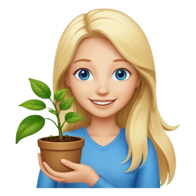 Happy Woman with long blonde hair and blue eyes holding happy plant sticker