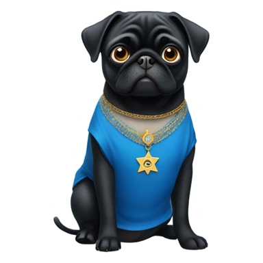 Black pug in a blue dress with a Jewish star on the dress sticker