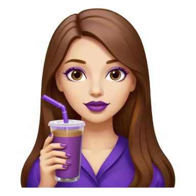 girl with long brown hair, wine lipstick, gold nails, drinking a blueberry butter pecan iced coffee with a purple straw  sticker