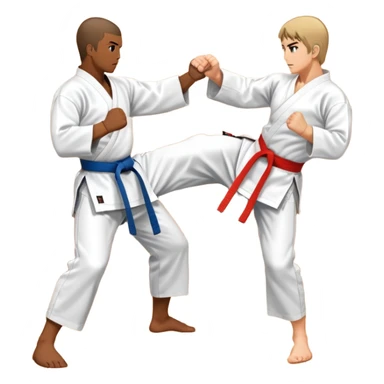 An icon symbolizing traditional Karate, showing two opponents engaged in a sparring match. One is about to deliver a powerful punch, while the other is in a defensive stance. The background includes elements like a dojo and wooden floor. Transparent background sticker