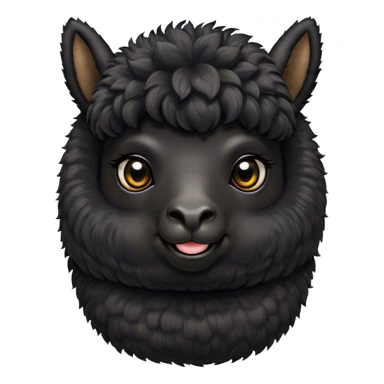 Cinematic Cute Black Alpaca Portrait Emoji, Head tilted playfully and inquisitively, featuring a plush, shiny jet-black fleece with a lustrous sheen, round, sparkling dark eyes filled with curiosity, Simplified yet irresistibly adorable features, highly detailed, glowing with a warm, friendly glow, high shine, affectionate and gentle, stylized with a touch of whimsy, bright and endearing, soft glowing outline, capturing the essence of a mischievous yet loving alpaca, so playful it feels like it could prance out of the screen and into your arms! sticker