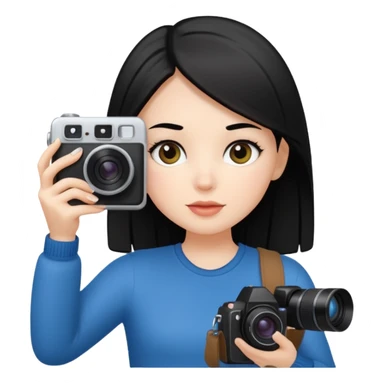 White girl, straight black hair holding a camara and taking pictures sticker