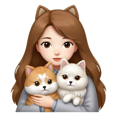 A Chinese fashion pretty girl with brown hair, wearing a light gray fur coat, hugging a Shiba Inu and a long-haired white Persian cat. sticker