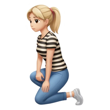 female figure in casual outfit with striped top kneeling on ground, back view sticker