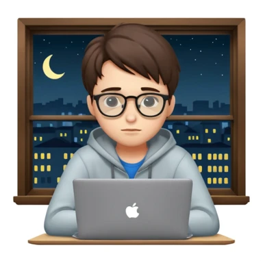 tired student with laptop, window at night behind, slouched over laptop sticker