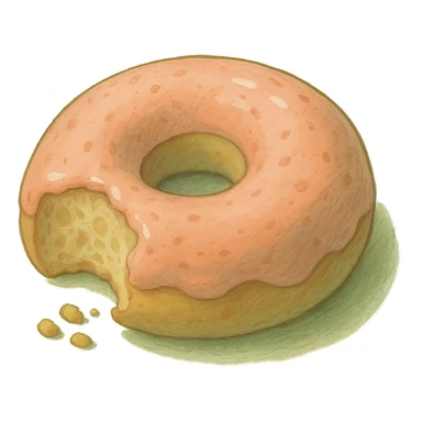 Bitten donut in Ghibli style, detailed, soft green colors, with no background sticker