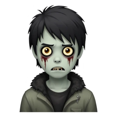 boy zombie with black medium-long emo shaggy hair, dark and spooky, creepy expression sticker