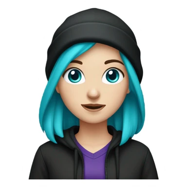 White girl, black hoodie, teal purple hair, black beanie hat, blue eyes sticker