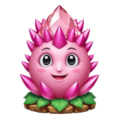 A single cute pink crystal cluster character, chunky round base with many tall rose-pink crystal spikes growing upward like a quartz cluster, faceted and slightly imperfect, on the front of the base a kawaii face with big shiny eyes and a happy open smile sticker