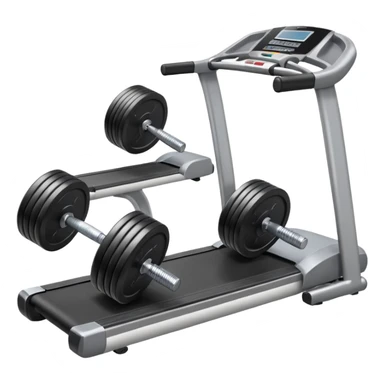 Two heavy dumbbells side by side on the floor in front of a treadmill sticker