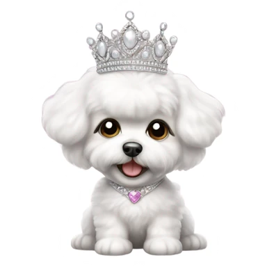 A happy, cute and fluffy Bichon Frise puppy wearing a princess tiara  sticker