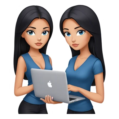 Glamours tanned very beautiful girl with pump peach nude lips and black straight smooth long hair, blue-grey eyes in beautiful v-neck black vest from the suit (short sleeves) no blazer and no anything under the vest, only vest with MacBook sticker