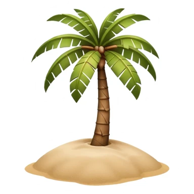 A 3D cartoon coconut palm tree with coconuts near the top and a sandy base, tropical light setting, Memoji-style realism. sticker