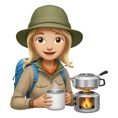 A woman camper boiling water on a portable stove, enjoying the outdoor sticker
