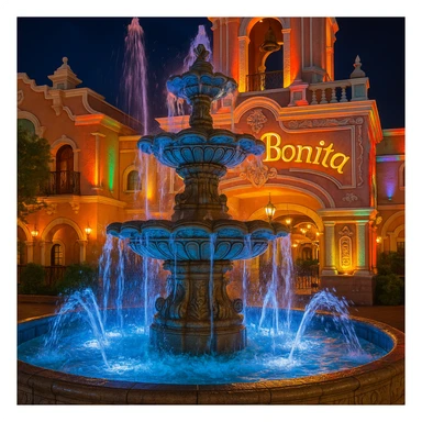 Casa Bonita Fountain, detailed, vibrant, iconic, water splashing, architectural focus sticker