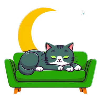 tricolor fluffy cat with big green eyes sleeping on a sofa with a moon above her sticker