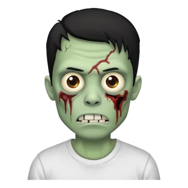 Rosto de frente classico de zombie boca meio torta cabelos medios pretos low fade com pele verde clara camiseta branca sticker