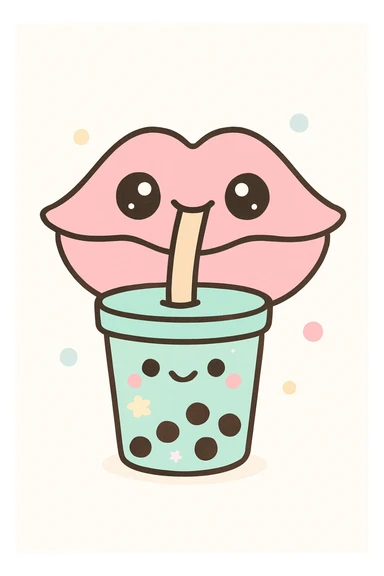 kawaii style pink lips sipping bubble tea, looking silly sticker