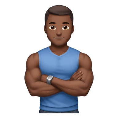 Adult male, dark skin, muscular build, confident smirk, arms crossed, sleek modern casual clothing, assertive pose, strong silhouette, bold shading. sticker