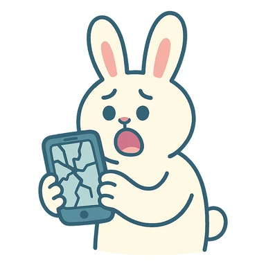 white bunny holding cracked phone with shocked face, pastel-toon style sticker