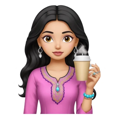 a pretty bratz fair indian girl wearing a pink kurti, drinking takeaway coffee. Silver jhumkas, black wavy hair sticker