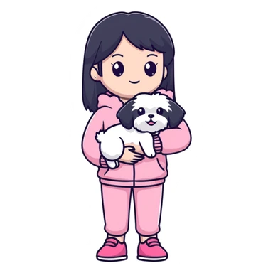 Beautiful girl with long straight black hair, fair skin, wearing pink clothes, holding a pure white fluffy Maltese dog sticker