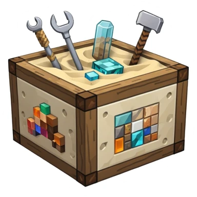 minecraft crafting tabme with tools, stone, wood, glass, sand, ... in a minecraft cube crafting table sticker