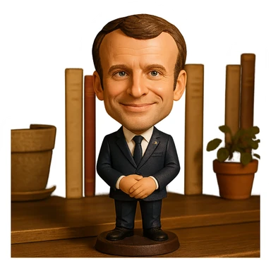bobblehead style figure of Emmanuel Macron, French president, suit and tie, oversized head, confident smile sticker