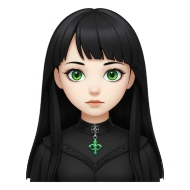 generate an image of a girl with long black hair, green eyes , caucasian and wearing gothic black clothes. Her bangs is very short sticker