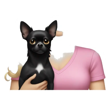White girl with blonde hair and blue eyes wearing a pink shirt holding a black long hair chihuahua sticker