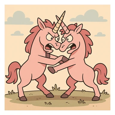 two pink unicorns fighting, cartoon style, playful, bold lines sticker