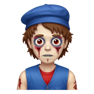brown fluffy hair zombie with blue and white hat dark blue jilet red t shirt sticker