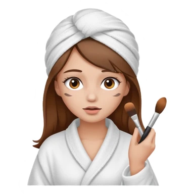 Girl with brown hair in white dressing gown and white towel wrapped in her head doing her makeup sticker