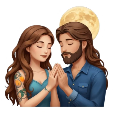 woman with long wavy brown hair tattoos and man with long brown hair beard, foreheads touching, shared glowing moon between hands sticker