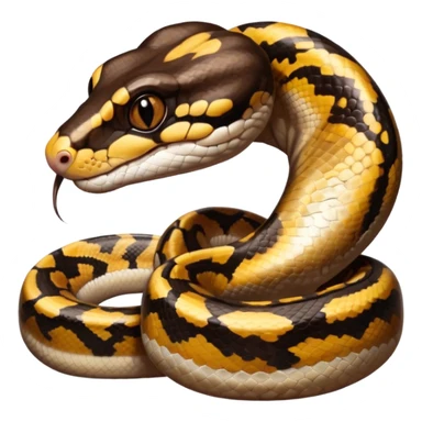 A photo-realistic digital illustration of a Ball Python, large headshot portrait. The snake has a short, rounded snout and smooth, soft contours, with a gentle, inquisitive expression that gives it a slightly playful charm. Its head is warm brown with bold, irregular dark markings. sticker