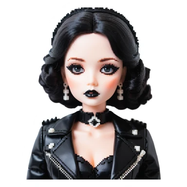 Chucky's bride doll with black lipstick, black dress, leather jacket, smoky eye makeup sticker