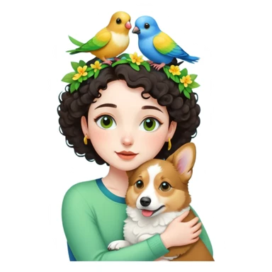 Dark short curly hair with pale skin and thin eyebrows girl hugging a welsh corgi. And a green-reddish lovebird on her head with yellow, blue love birds around her. sticker